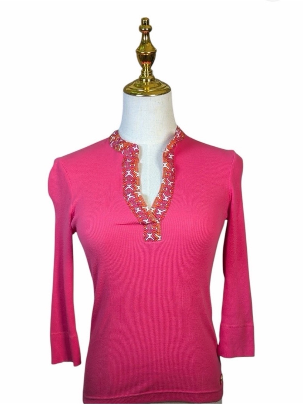 TORY BURCH PINK RIBBED PRINT TRIM 3/4 SLEEVE TOP XS